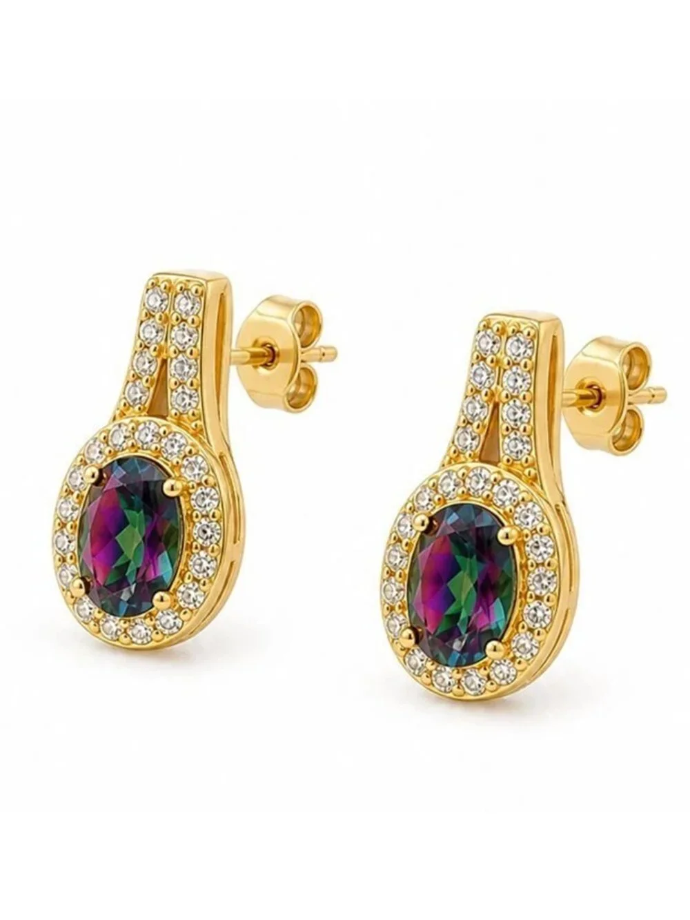 Created Mystic Topaz & W/Sapphire Stud Earrings 14k Yellow Gold Plated(.925)